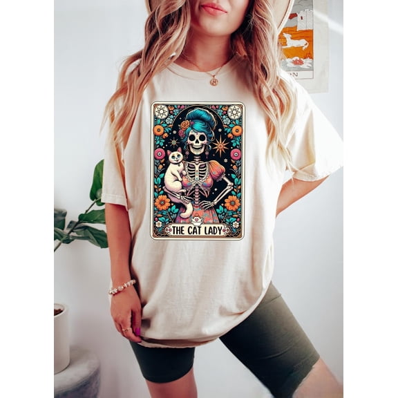 The Cat Lady Tarot Shirt, Skeleton And Cat T-Shirt, Halloween Gift For Cat Mama, Gift For Cat Lovers