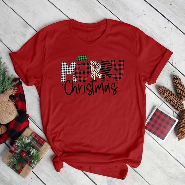 Fiudx Ofertas Flash Artículos En Oferta Camiseta con Cuello Redondo para Mujer Camiseta con Estampado Navideño Camisetas de Manga Corta Tops