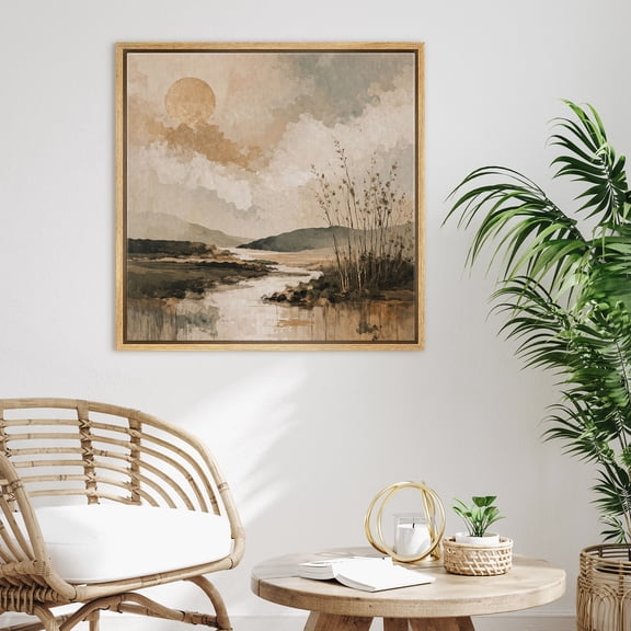 Framed Canvas Wall Art Neutral Lake Landscape Print for Living Room Decoration - 16"x16" NATURAL