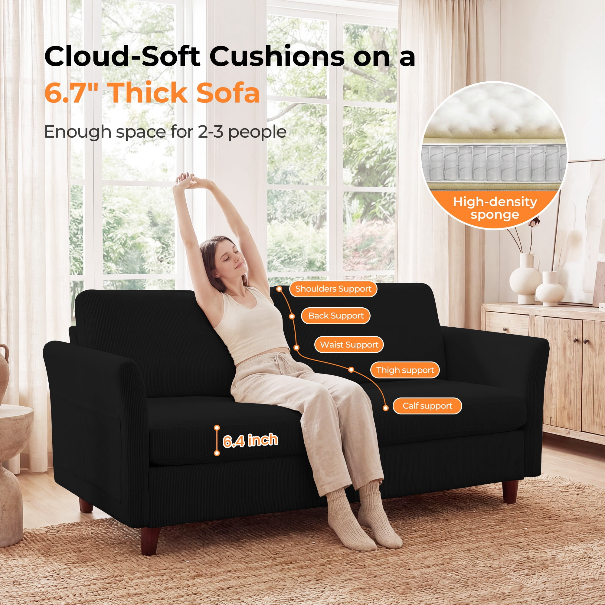 Poshby 79.1'' Comfy Couches Corduroy Sofas Loveseat 3-Seater with Side Pocket for Living Room, Black