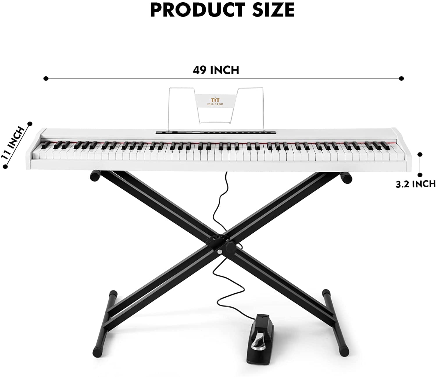 Mustar 88-Key Electronic Piano Semi Weighted Digital Keyboard with Stand, Pedal, Bag (White)