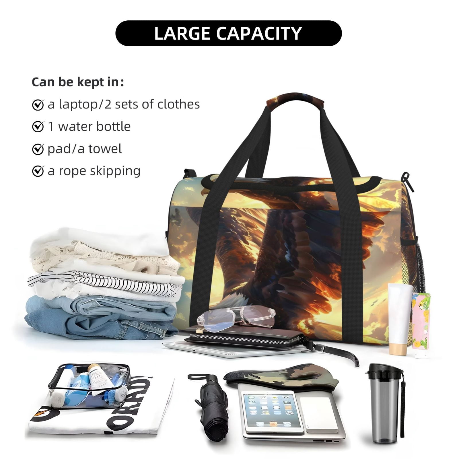 Fuzoiu Golden Sky Bald Eagle Print Travel Duffle Bag,Carry On Tote Bags,Duffel Bag,Sport Gym Bag, Hospital Bag for Labor and Delivery, Overnight Bag,Luggage Bag