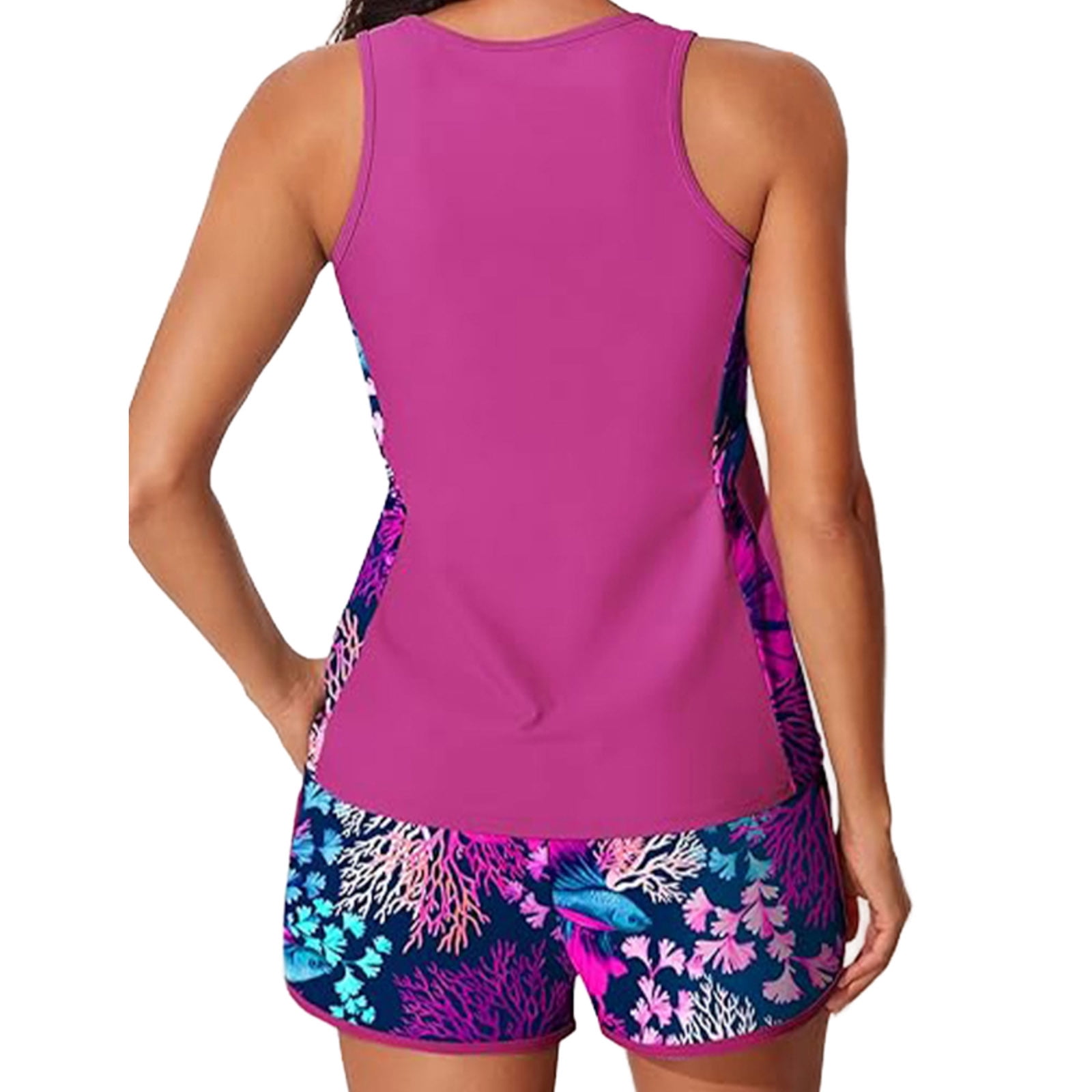 COMVALUE Blouson Tankini Swimsuits for Women 2026 Tummy Control Two Piece Bathing Suits with Sporty Pockets Swim Shorts (Hot Pink, L)
