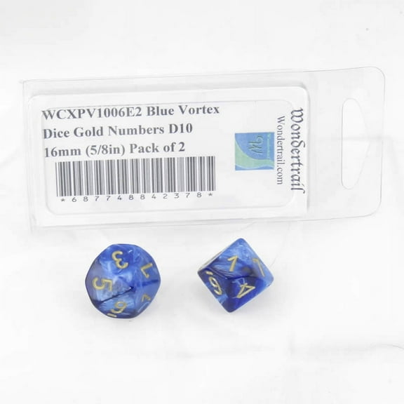 Blue Vortex Dice with Gold Numbers D10 Aprox 16mm (5/8in) Pack of 2 Wondertrail