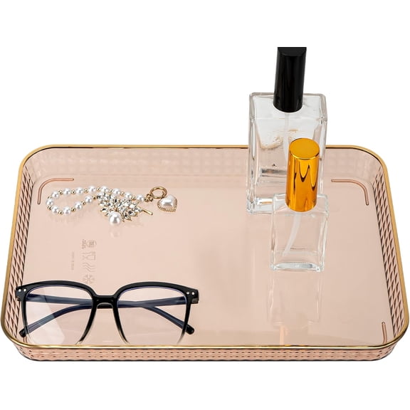 ABCISI Acrylic Vanity Tray with Gold Edge, Rectangular Decorative Tray for Bathroom, Bedroom, or Kitchen, Countertop Organizer Tray Suitable for Makeup, Perfume, or Skincare (Amber)