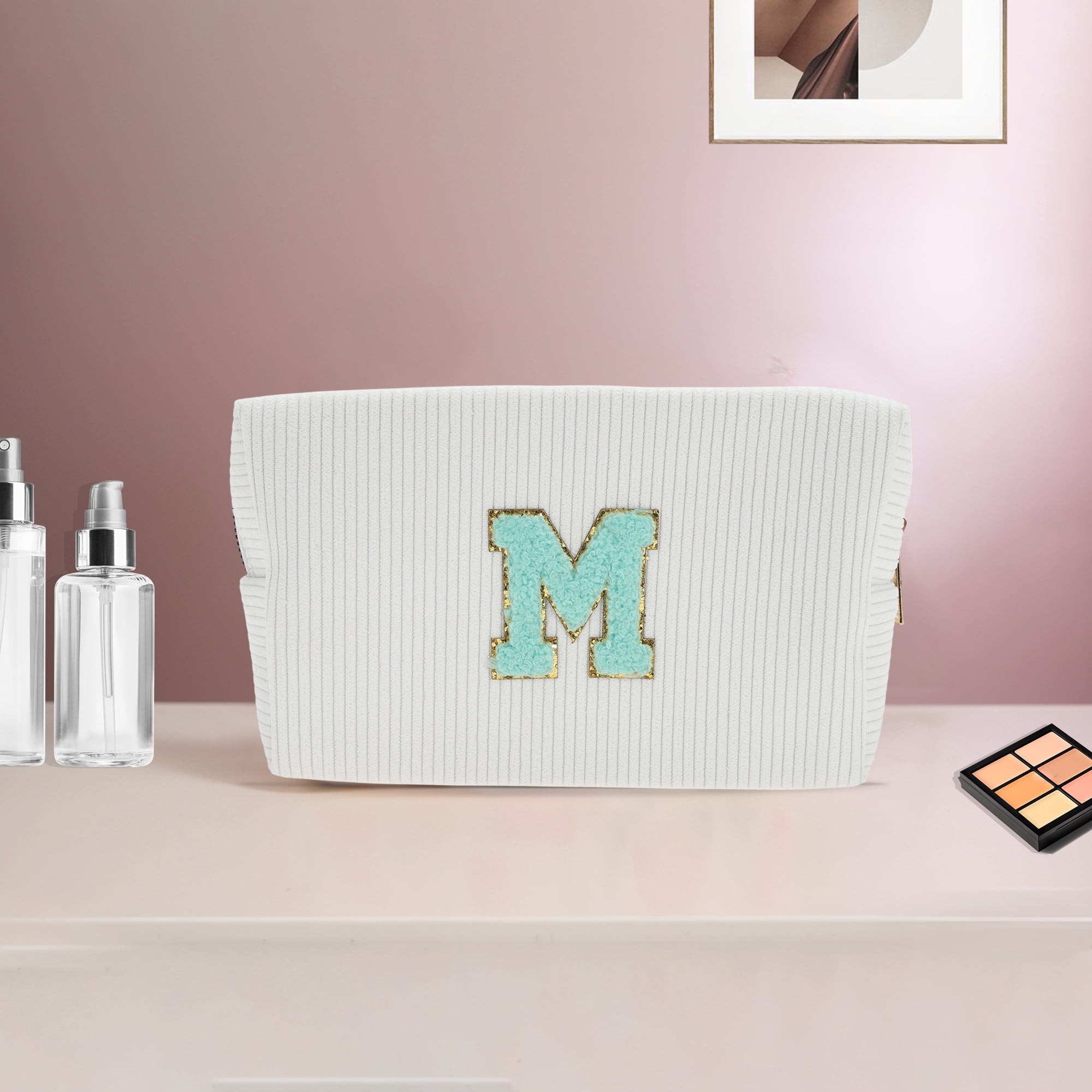 Unique Bargains 1 Pc Portable Corduroy Rectangular Letter Makeup Bag White [Letter M]