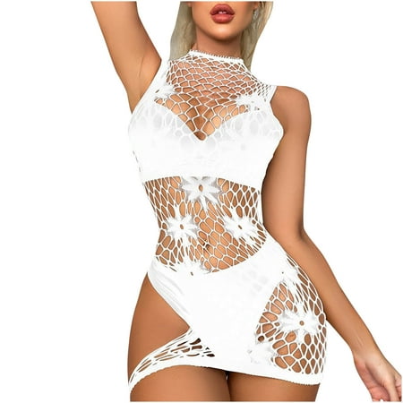TUWABEII Womens Lingerie Fishnet Seamless Mesh Netting Stockings Chemise Hollow Out Bodysuit Sleepwear Under $10