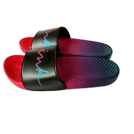 

Victoria s Secret Pink Script Ombre Multicolor Single Strap Slides Sandal Beach Shoes Size Medium (7/8) NWT