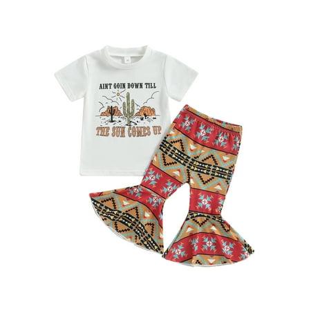 

Bagilaanoe 2pcs Toddler Baby Girl Long Pants Set Letters Print Short Sleeve T-shirt Tops + Geometric Flare Trousers 6M 12M 18M 24M 3T 4T Kids Casual Outfits