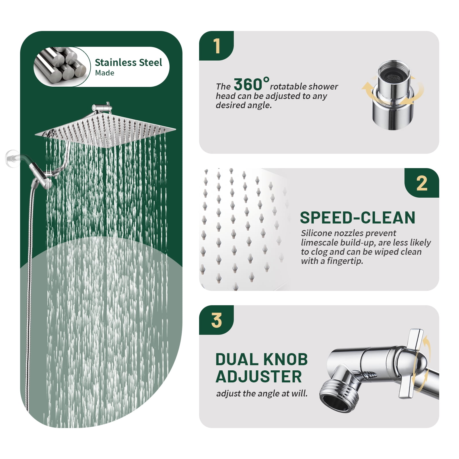 Cobbe 10-Inch Dual Shower Heads with Handheld Spray Combo, 3-Way Rain Shower Head, 9-Spray Patterns Handheld Shower, Chrome