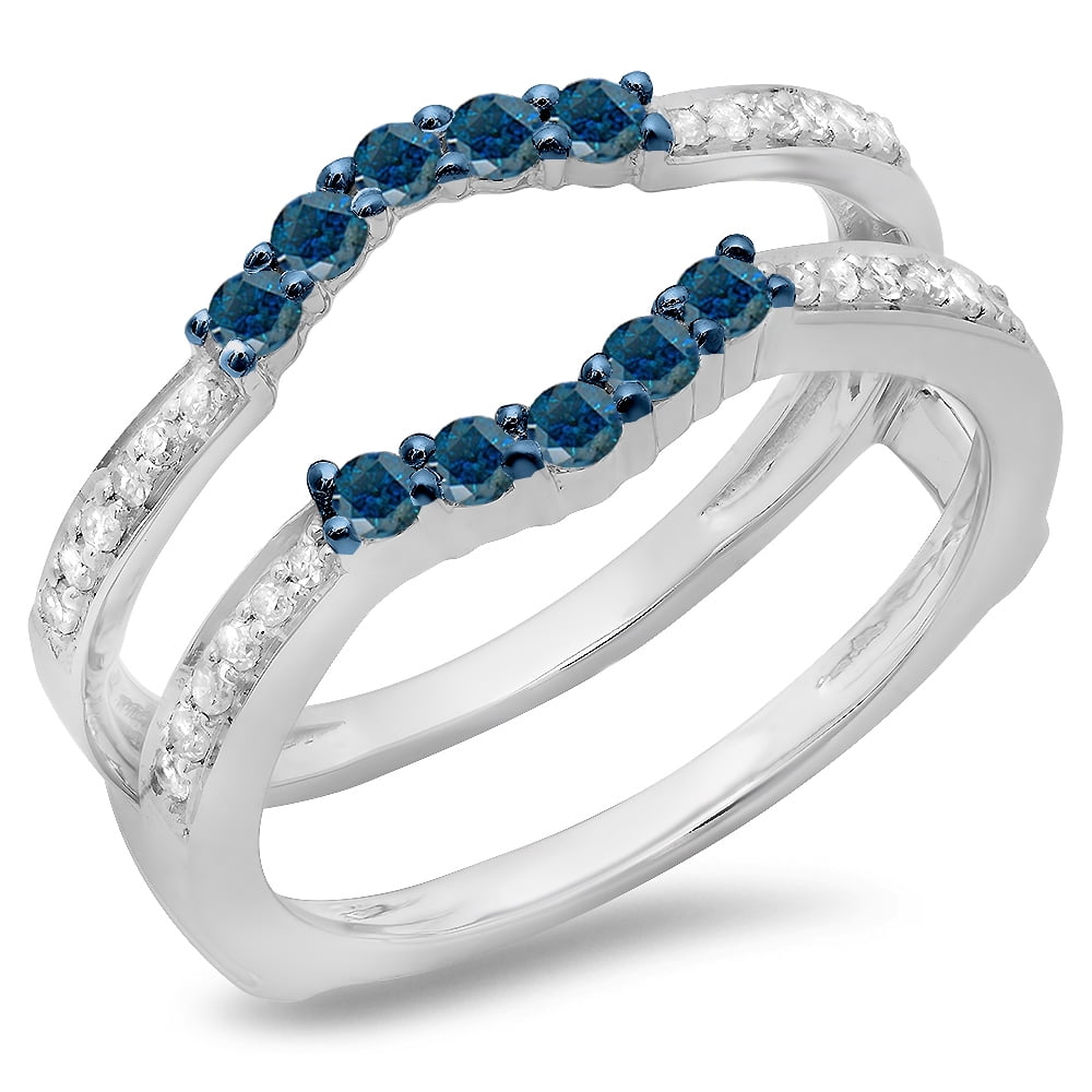 Dazzlingrock Collection 0.50 Carat ctw 14K Gold Round Blue /& White Diamond Ladies Wedding Enhancer Guard Double Ring 1//2 CT