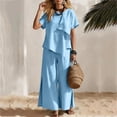 thumbnail image 6 of Women Linen Sets 2 Piece Outfits Short Sleeve Asymmetrical Shirt Split Wide Leg Pants 2026 Summer Trendy Boho Pant Suits,Light Blue XXL, 6 of 8