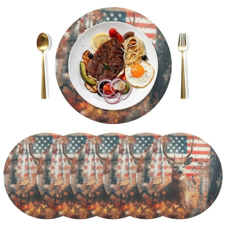 

Round Placemats Plate Mats 15 Inch Non-Slip Heat Resistant Washable PVC Set Table Decoration for Kitchen Dining Realistic Deer