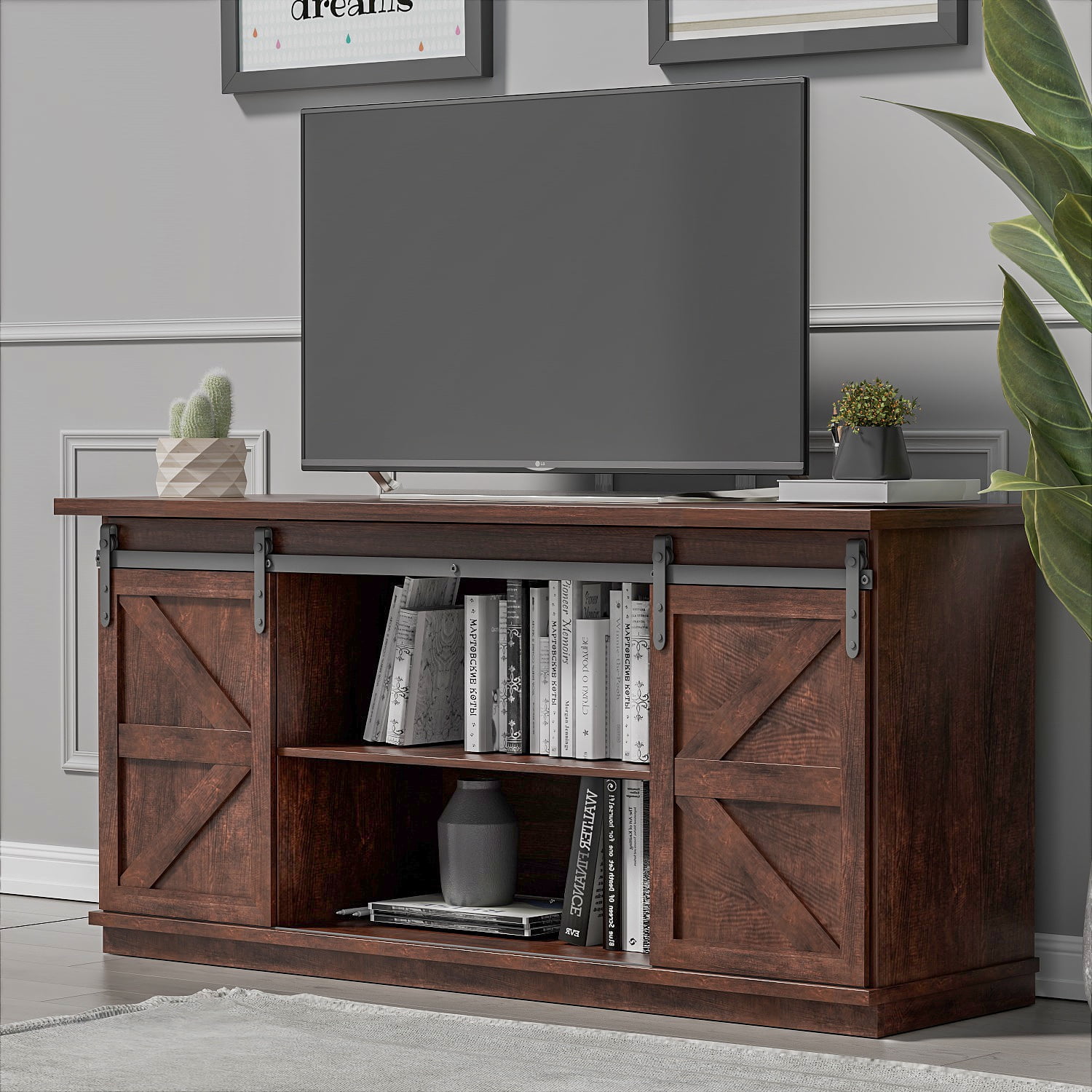 Vineego 58 Inch Farmhouse TV Stand and Entertainment Center for Televisions,with Sliding Barn Doors and Storage Cabinets,Chocolate