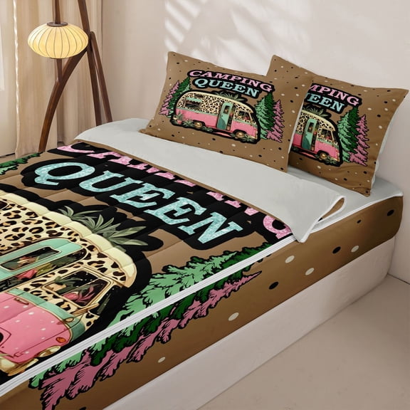 Homewish Pink Brown Leopard Print RV Car Zipper Twin Comforter Sets with Fitted Sheet and 2 Pillowcases, Camping Queen Quote Zipper Bedding Set for Women, Gray Reversible, 4pcs