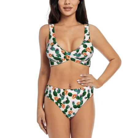 Zeuib Cactuses High Waisted Tummy Control Bikini Set - Knot Front Push Up Top & Cheeky Thong Bottom  Two-Piece Swimsuit for Women-Small