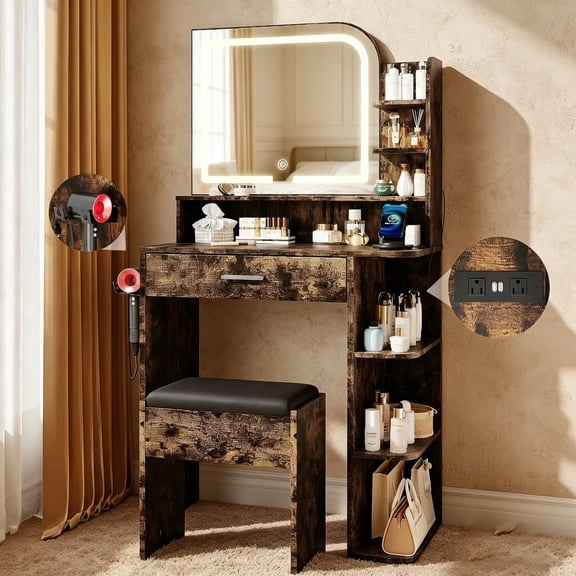 ICEELF Makeup Vanity Desk with Mirror and Lights, Vanity Table with Stool, Charging Station & Hair Dryer Holder, 6 Shelves, Drawer, 3 Lighting Modes, Vintage Brown Vanity for Bedroom, Women and Girls
