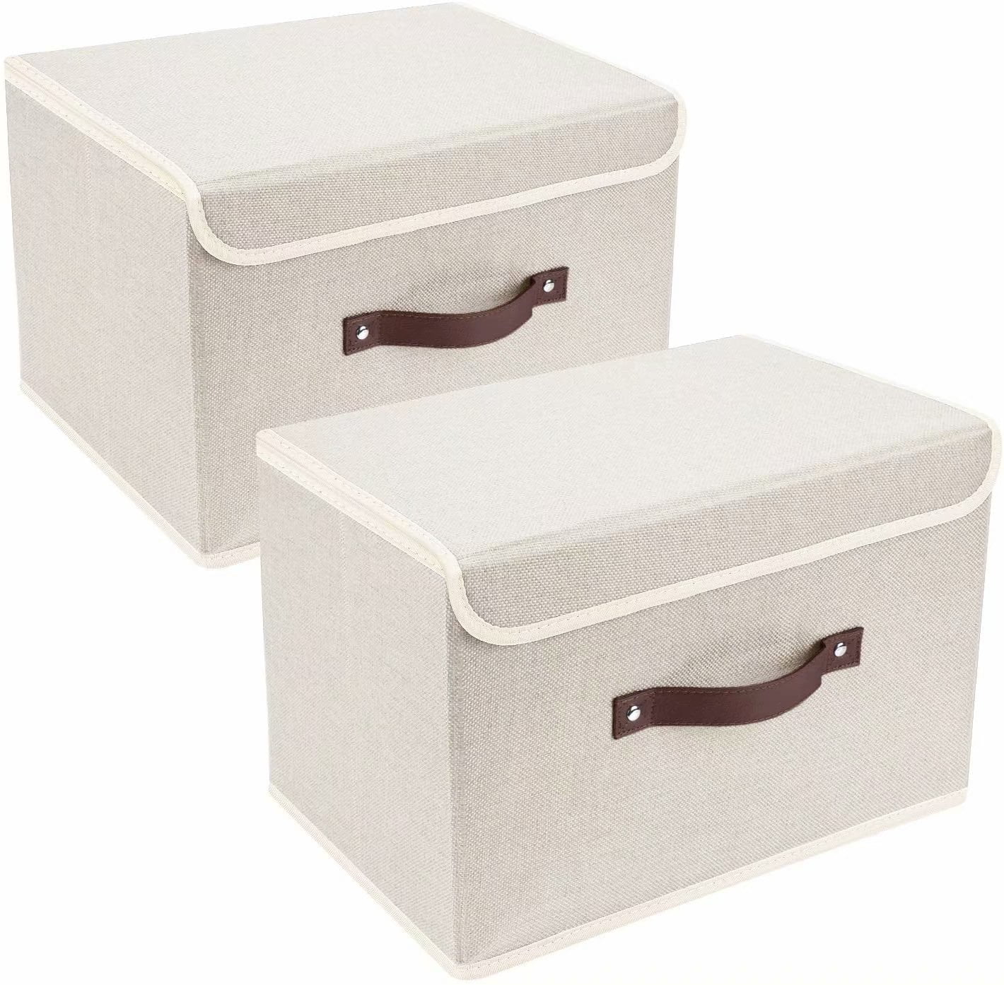 Bedroom Closet Shlves Brown Large Storage Boxes with Lids Fabric 3pcs Pack Foldable Cardboard Cube Organiser Box Baskets with Stackable Lid & Handles for Kids Toys Wardrobe Clothes