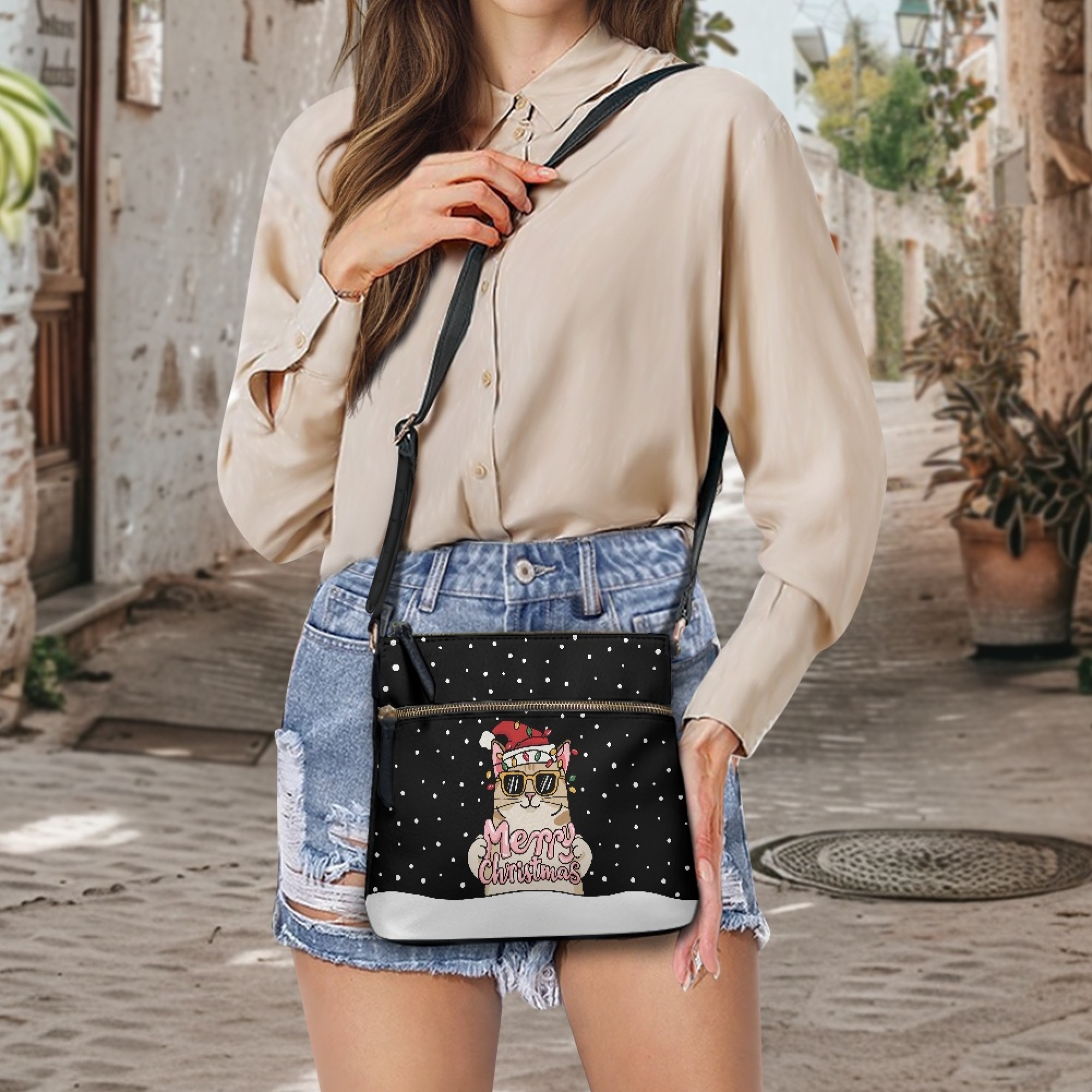 ZUXONGSY Christmas Cat Hat Lights Snowflake Print Shoulder Bag for Women PU Leather Crossbody Purse Trendy Satchel with Adjustable Wide Strap for Travel Shopping