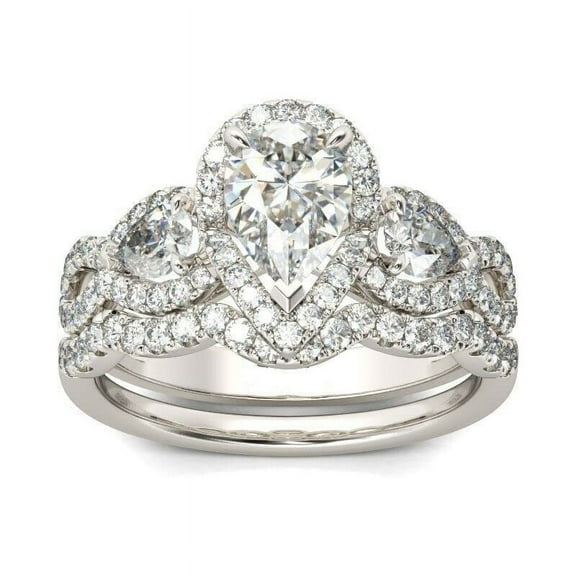 HeartsAndYou 5.5ct Pear Cut Moissanite Bridal Set Infinity Shank Halo Ring 18k White Gold Over Silver