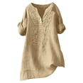 thumbnail image 5 of Lumosvexa Womens Plain T-Shirt for Women Linen Short Shirt Tops V-neck Cotton T Shirt Khaki Size 2XL, 5 of 9