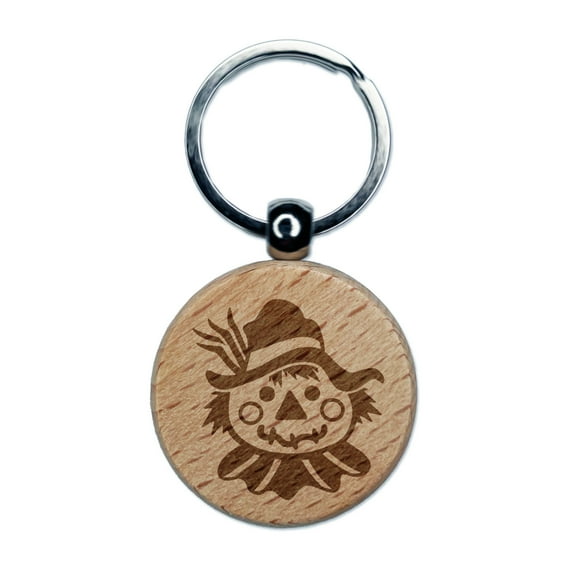 Scarecrow Head Fall Autumn Round Keychain Charm Tag - Engraved Wood