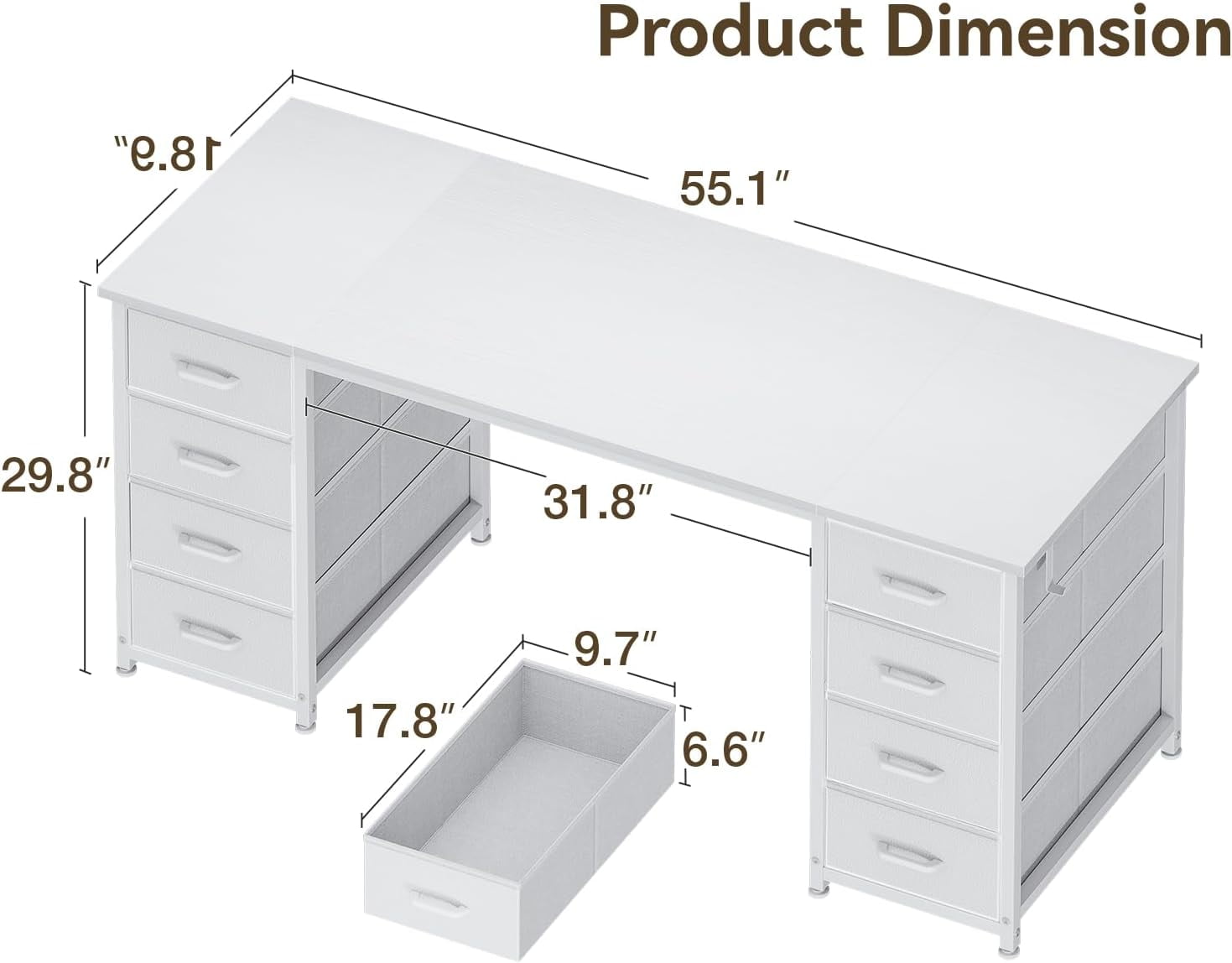 ZYPPP 55 Inch Computer Desk with 8 Fabric Drawers, Modern Office Desk with Large Storage for Home Office, Study, Gaming, White