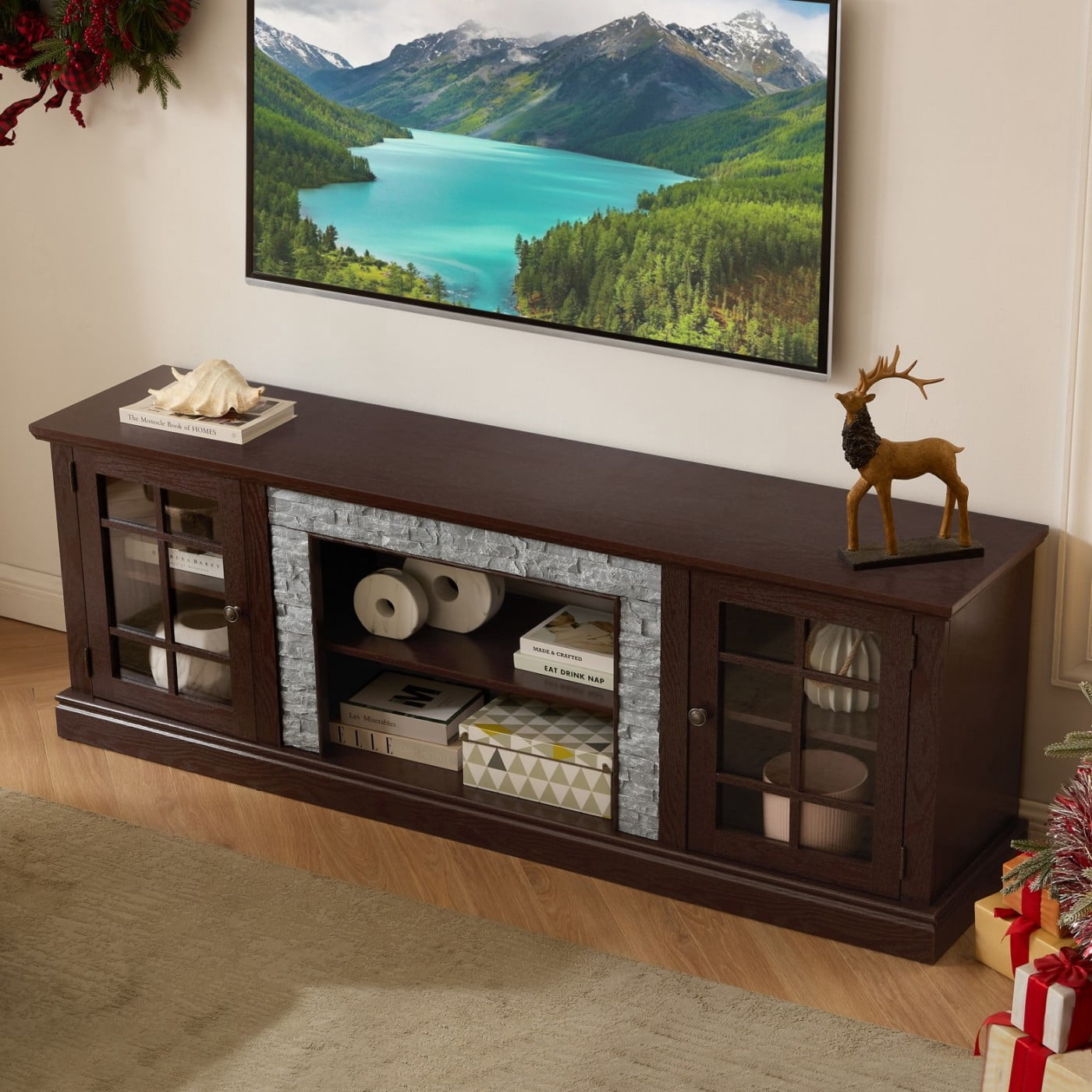70" Modern TV Stand for 75 Inch TV, Faux Stone Media Console with 2-Door Storage Cabinet & Adjustable Shelves, Entertainment Center with Cable Management for Living Room, Cherry