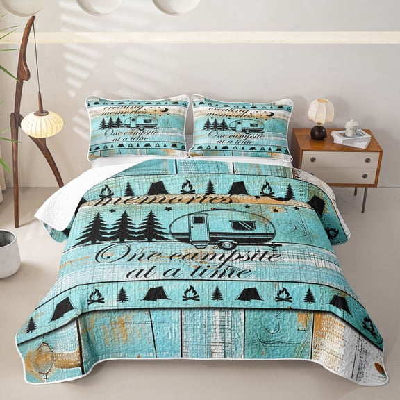 Homewish Turquoise Wood Black Camper RV Print Twin Quilt Set,Coastal Camping Twin Coverlet Set For Kids Boys And Girls,2-Piece