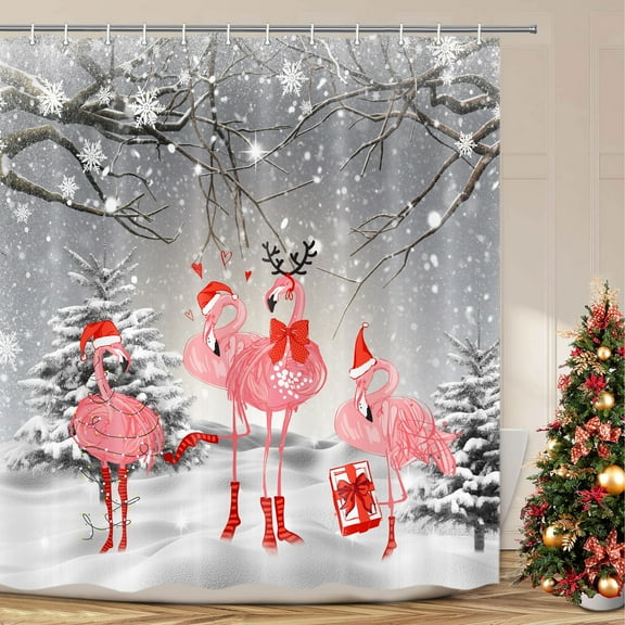 Christmas Flamingo Shower Curtain, Pink Flamingos Wear Santa Hat Funny Xmas Decor Shower Curtain for Bathroom, Winter Snowflake Waterproof Polyester Fabric Bath Curtain with Hooks, 72x72 inches