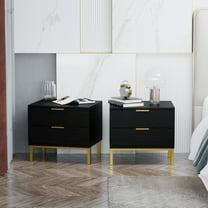 OXYLIFE Nightstand Set of 2 Bedside, End Side Table with 2 Drawers & Gold Metal Legs for Bedroom, Black