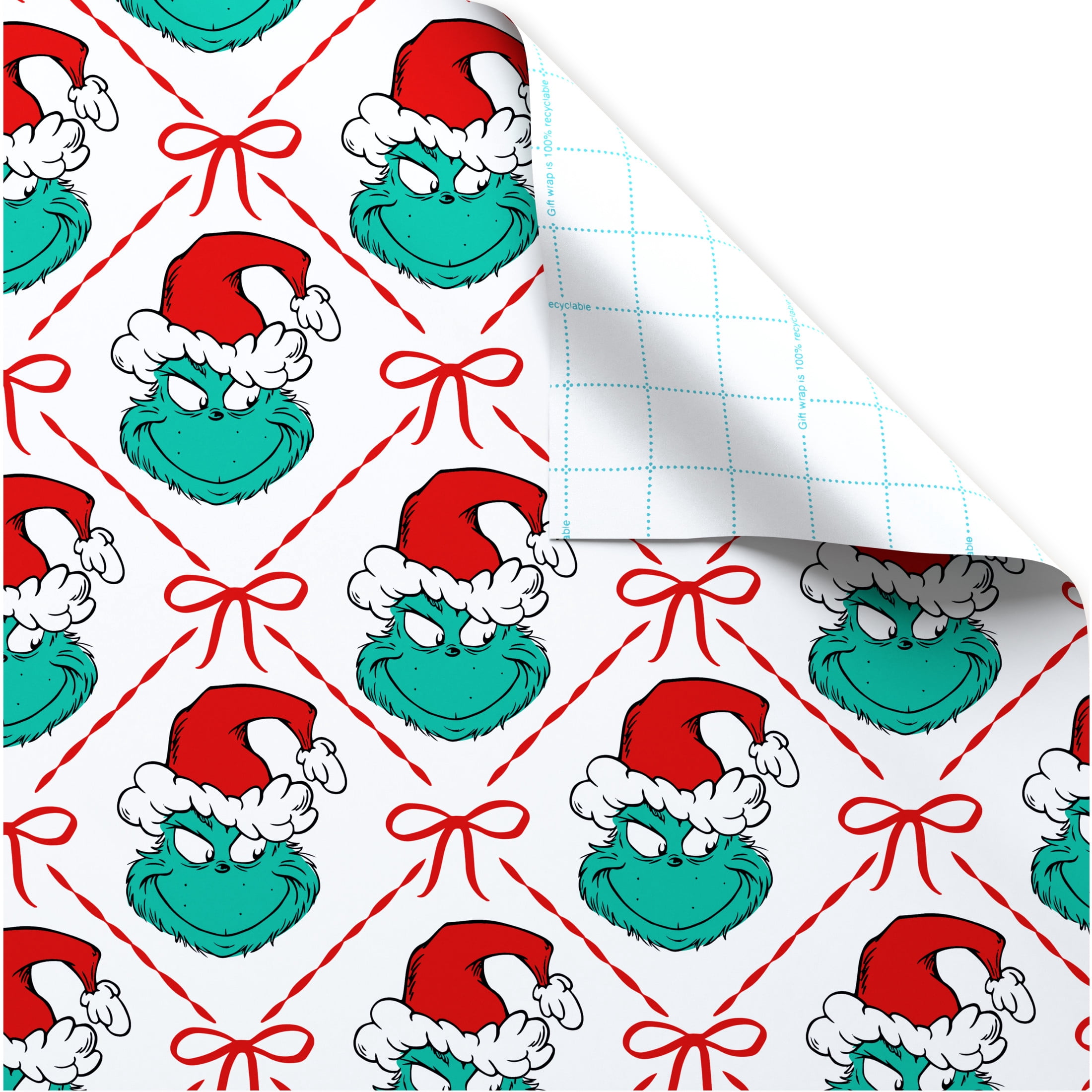 Plus Mark 40 in. Grinch and Bow White Christmas Wrapping Paper with Cutlines (60 Sq. ft., 1-Roll)