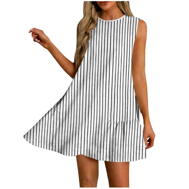 Vestido Corto para Mujeres Verano Moda Casual Impreso Lado Plisado Cuello Redondo Vestido sin Mangas para el Uso Diario