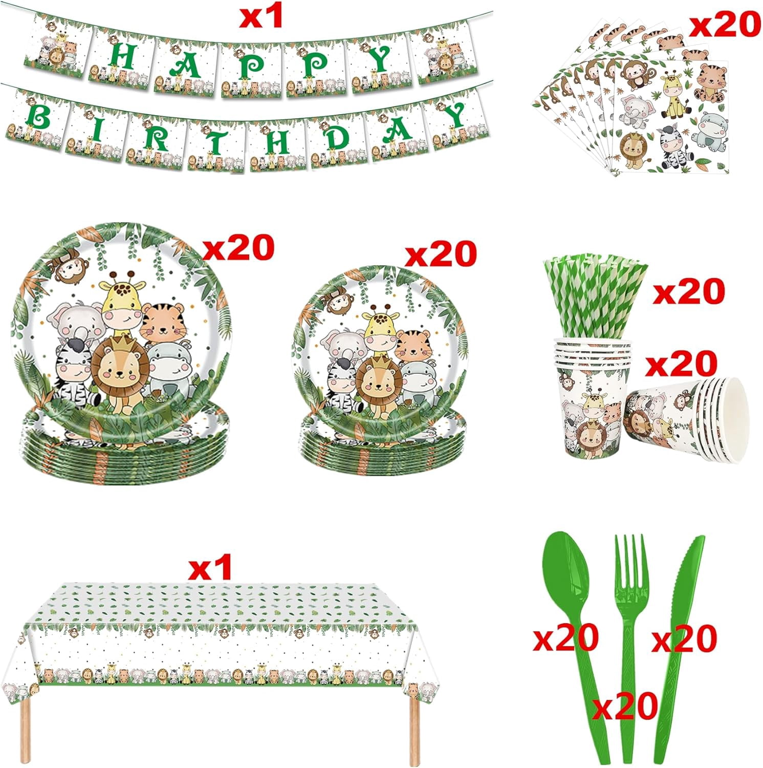 162 Pcs Jungle Safari Birthday Party Supplies Decorations, Jungle Animals Disposable Tableware Sets, Include Cup Plate Napkin Straw Forks Spoons Knifes Tablecloth and Banner, Serves 20 Guests