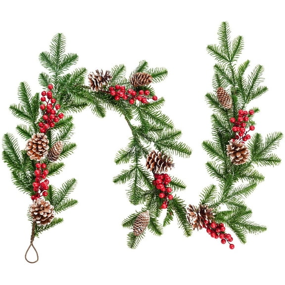 6FT Artificial Christmas Pine Garland, Red Berry Branch Pine Cone, Winter Greenery Garland, for Holiday Season Fireplace Table Centerpiece Decor