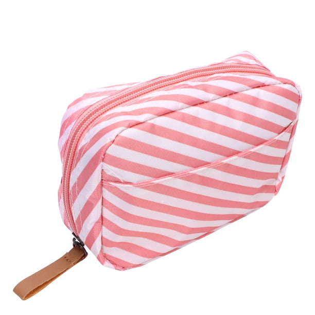 Bolsa de maquillaje impermeable, multifunción, portátil, con cremallera, para artículos de aseo personal, neceser de viaje, talla L (rayas rosas)