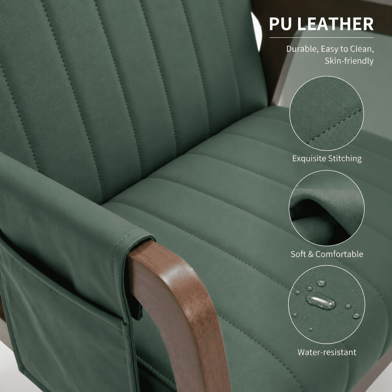 MOONMISS PU Leather Accent Chair,Mid-Century Modern Wood Frame Arm Chair with Side Pocket Cushioned Sofa,Green