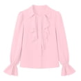 thumbnail image 4 of Women Lapel Ruffle Tie Front Blouse, Puff Long Sleeve Flared Cuff Chiffon office Work Shirt Solid Elegant Top Pink-A XL(XL), 4 of 9