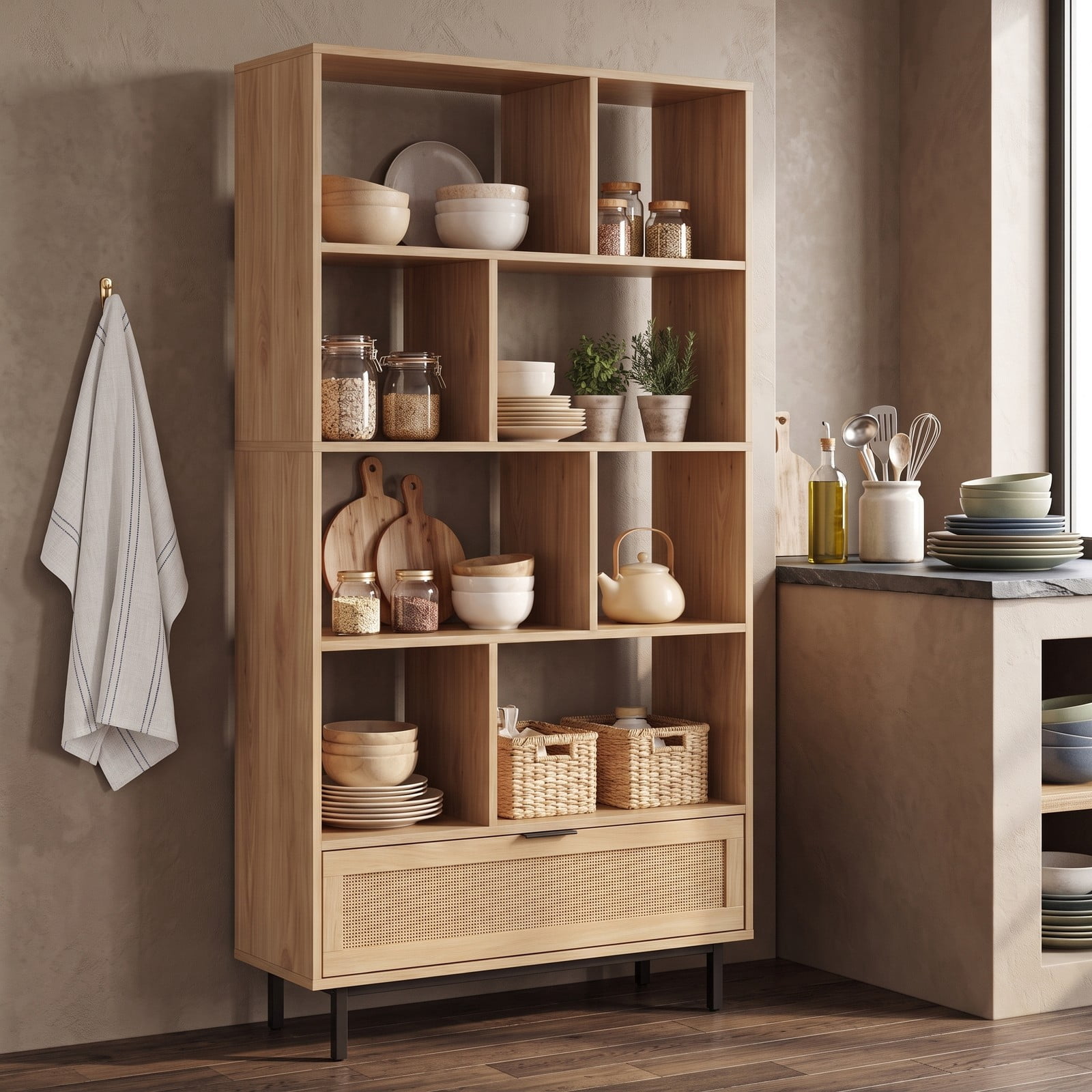 Furnibear 64 inch 6-Tier Tall Wooden Bookcase with 8 Open Cubes and Drawer, Freestanding Cube Storage Bookshelf with Rattan Accents and Anti-Tip Kit for, Natural