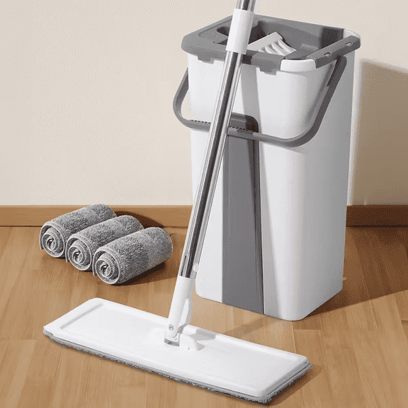 Mop and bucket set with wringer, with 3 reusable microfiber pads with 360° flexible rotation, hands-free flat mop and bucket with long handle for floor cleaning and wall cleaning