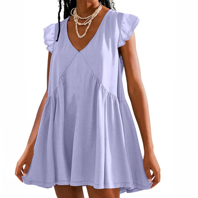 SEAOPEN Robe Asymétrique pour Femmes Taille Empire Robe d'Été Décontractée Col en V Violette,L