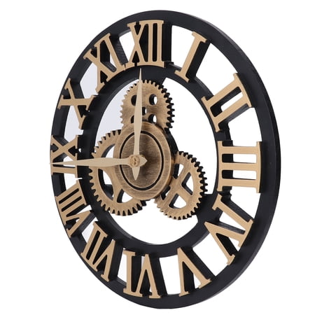 Riousery Large 3D Retro Wall Clock 13.39 inches / 34 cm Vintage Wooden Gear Wall Clock Roman Numerals Industrial Style Clocks for Home Living Room Decoration Gold