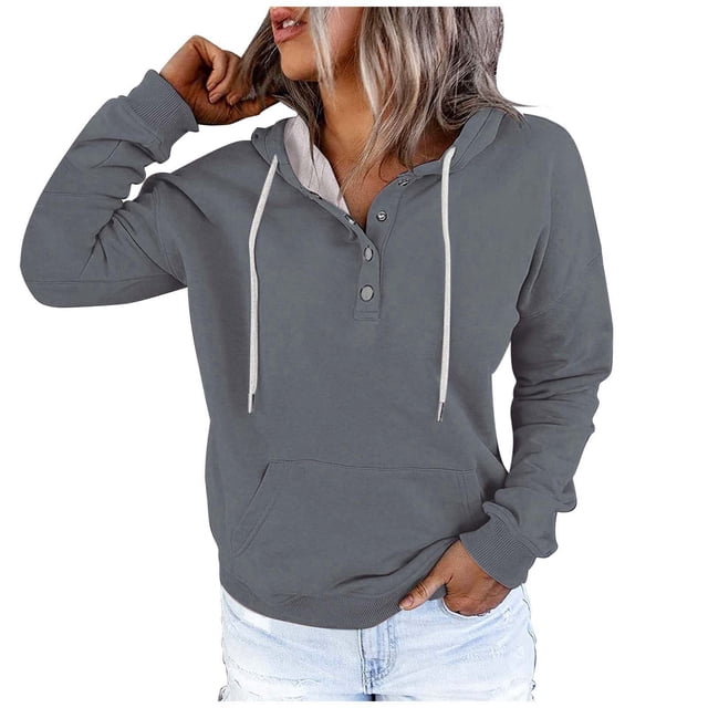 WEAIXIMIUNG Chandails en Molleton Graphiques pour Femmes Grande Taille Automne et Hiver Style de Rue à la Mode Couleur Unie Col à Boutons Poche Cordon de Serrage Chandail à Capuchon de Sport Décontracté
