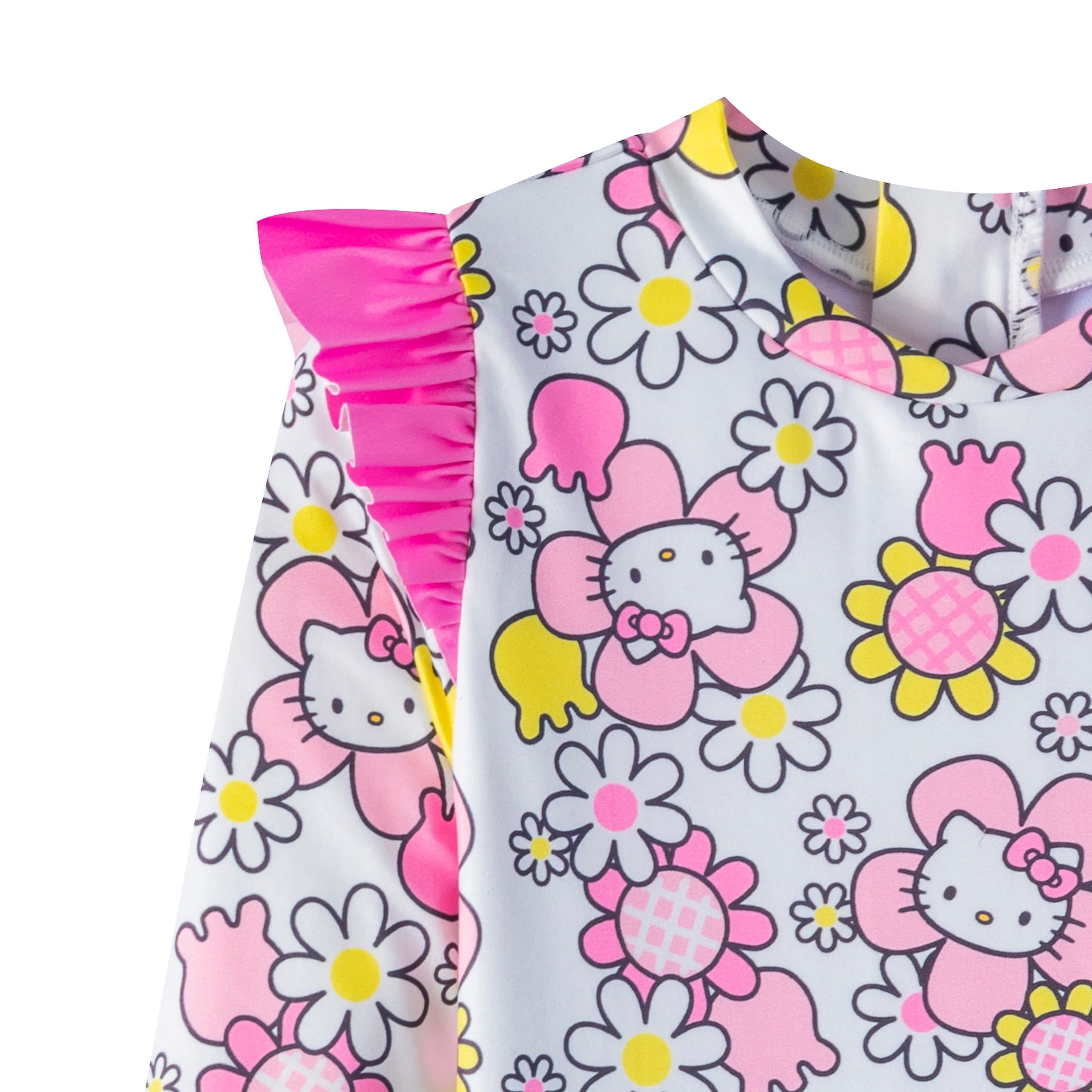 Hello Kitty Sanrio Girls Long Sleeve Rash Guard & Bikini Bottom UPF 50+, 2 Piece Swimsuit Set (Size 4-10)