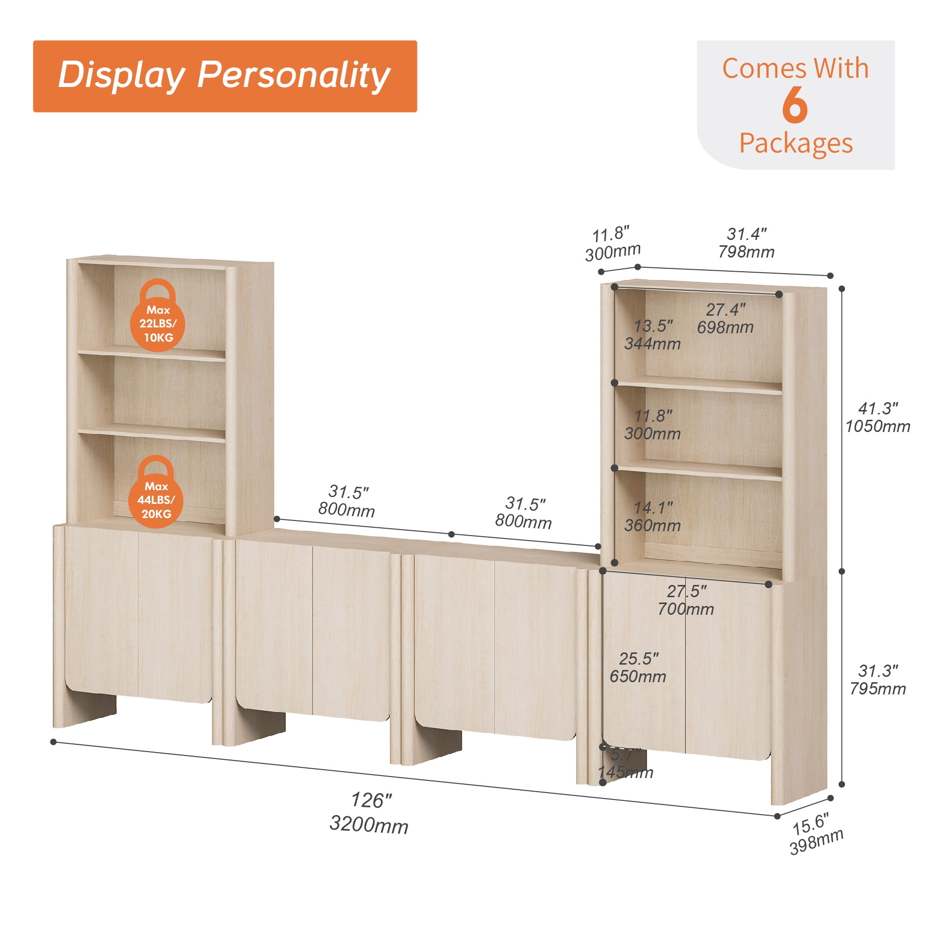Modern French TV Stand with Bookshelves, 126-Inch Media Console, 4 Doors and Open Shelving, Supports TVs up to 70 Inches, Beige