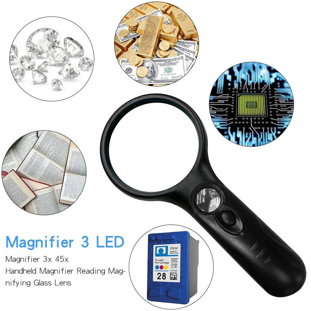 45X Magnifying Glass Handheld Magnifier 3 LED Light Reading Lens Jewelry Loupe 