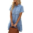 thumbnail image 3 of Womens Juniors Summer Denim Dress Casual Lapel Button Down Short Sleeves Ruffle Tiered Baby Doll Dress Short Jean Dress for Teen Girls, 3 of 9