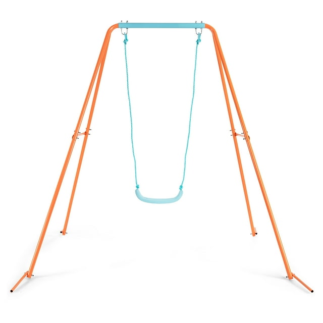 Patiojoy Outdoor Kids Metal Swing Set with Frame Steel Stand Heavy Duty Metal A-Frame Orange