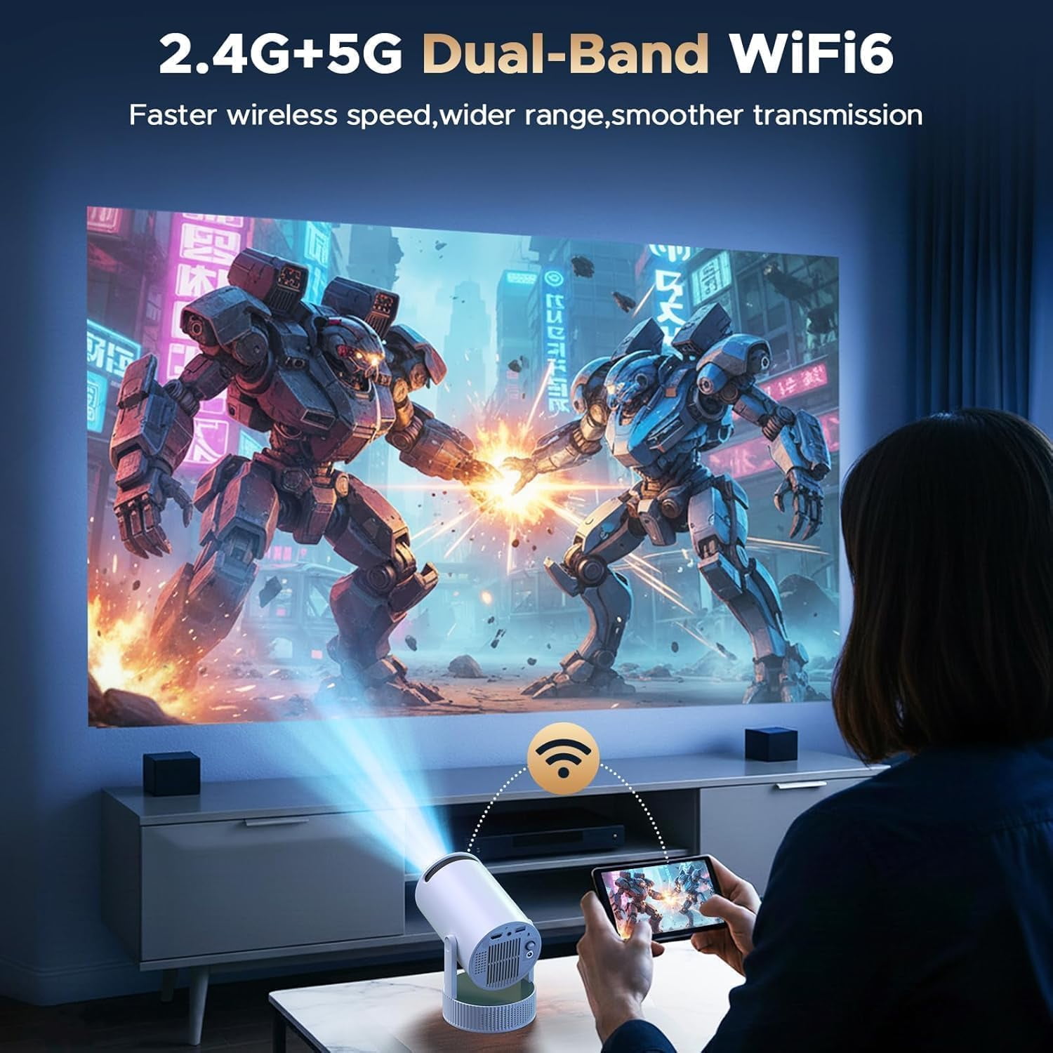 CAMPARK Mini Projector, Projector with Wifi and Bluetooth Built-in Battery 4K Portable Projector for Outdoor Bedroom, Smart Projectors 1080P Compatible with iphone/TV Stick/HDMI/Laptop
