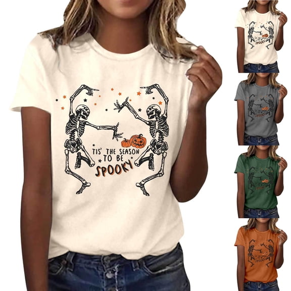 IDOCLOTHES Halloween T Shirts for Women Funny Dancing Skeleton Printed Tis The Season To Be Spooky Tshirts Dressy Casual Short Sleeve Going Out Tops Fashion Clothing Green, S